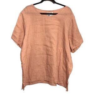 FLAX Lose Fitting Peach Linen Top Scoop Neck Coastal Lagenlook